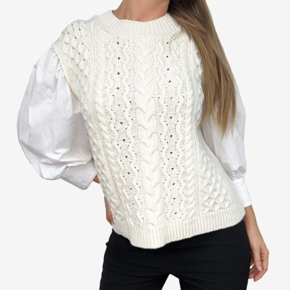 Something Navy Caitlin Sweater‎ Size S Cream White Merino Wool Blend Knit Preppy